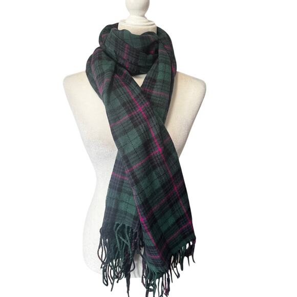 J.Crew Green Black Pink Plaid Fringe Scarf Acrylic Winter Wrap 90” x 24.5” - Picture 1 of 4